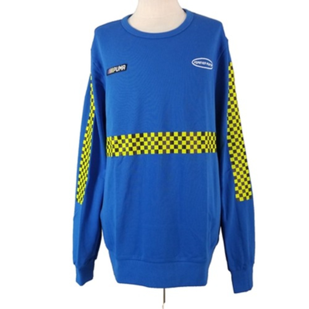 Puma Sweatshirt Men 2XL Blue Forever Faster Racing Checkered Pullover Fleece